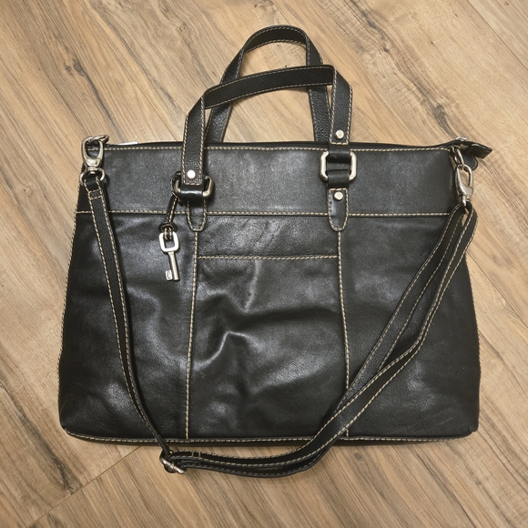 Fossil Black Pebbled Leather Laptop Bag With Cross Body Strap - Picture 2 of 7